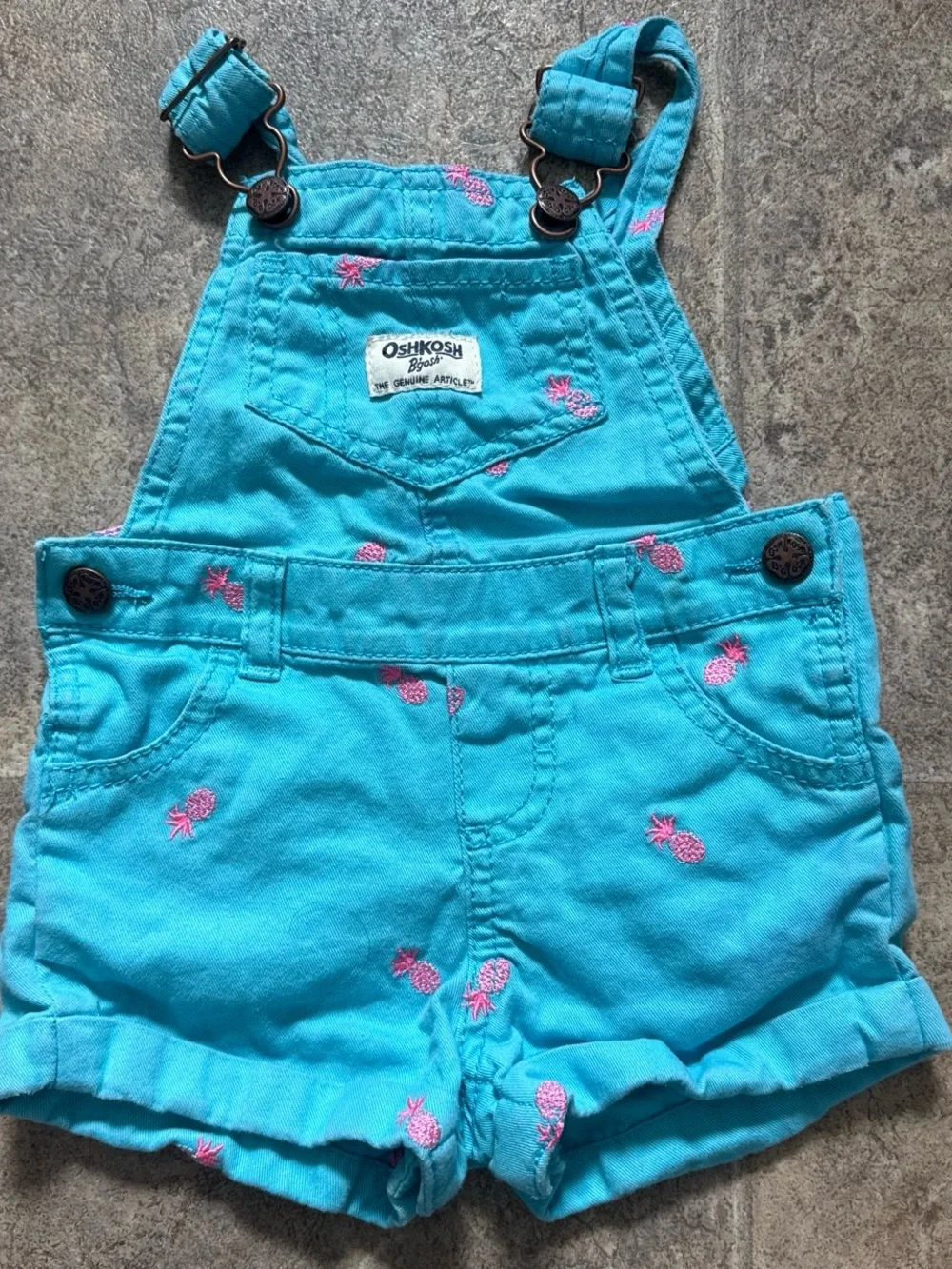 OshKosh B'gosh Turquoise Short Overalls with Pink Pineapple Embroidery